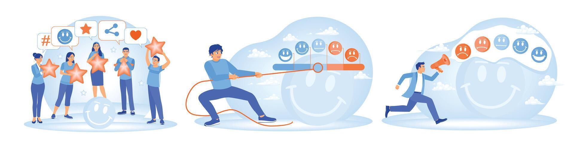 Consumer feedback by providing ratings, star symbols, and mood emoticons. vector