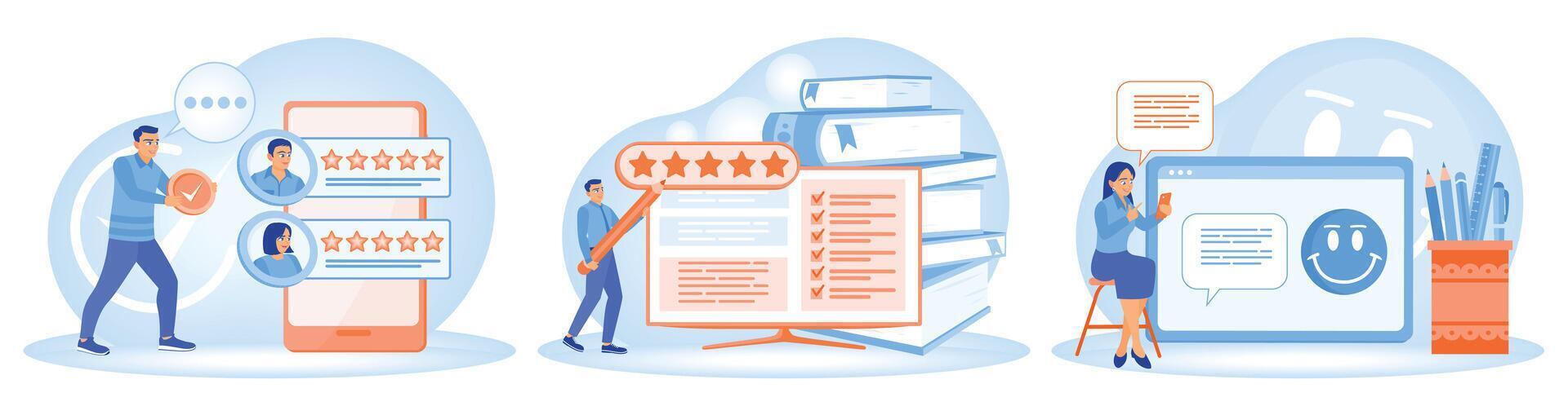 Customer review and positive feedback analysis with five stars and smile emoticon. vector