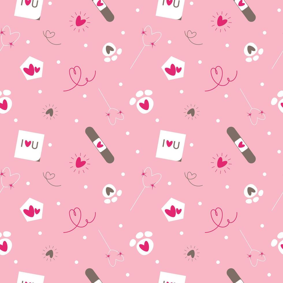 Flat cute romantic Valentines day for pets seamless pattern, love season with pastel paw, hearts in the house, healing patch, I love you sticker, line art shapes. vector