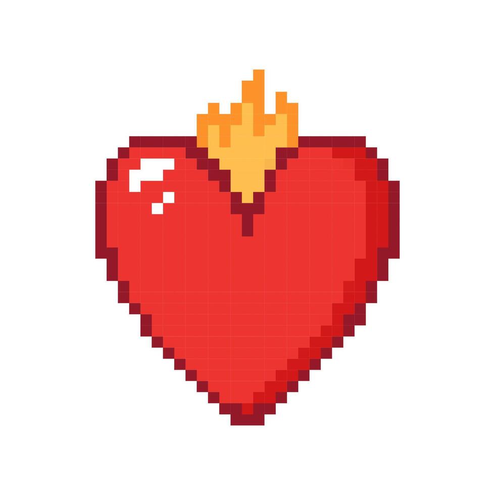 Pixel heart with fire on white background. Hand drawn illustration. vector