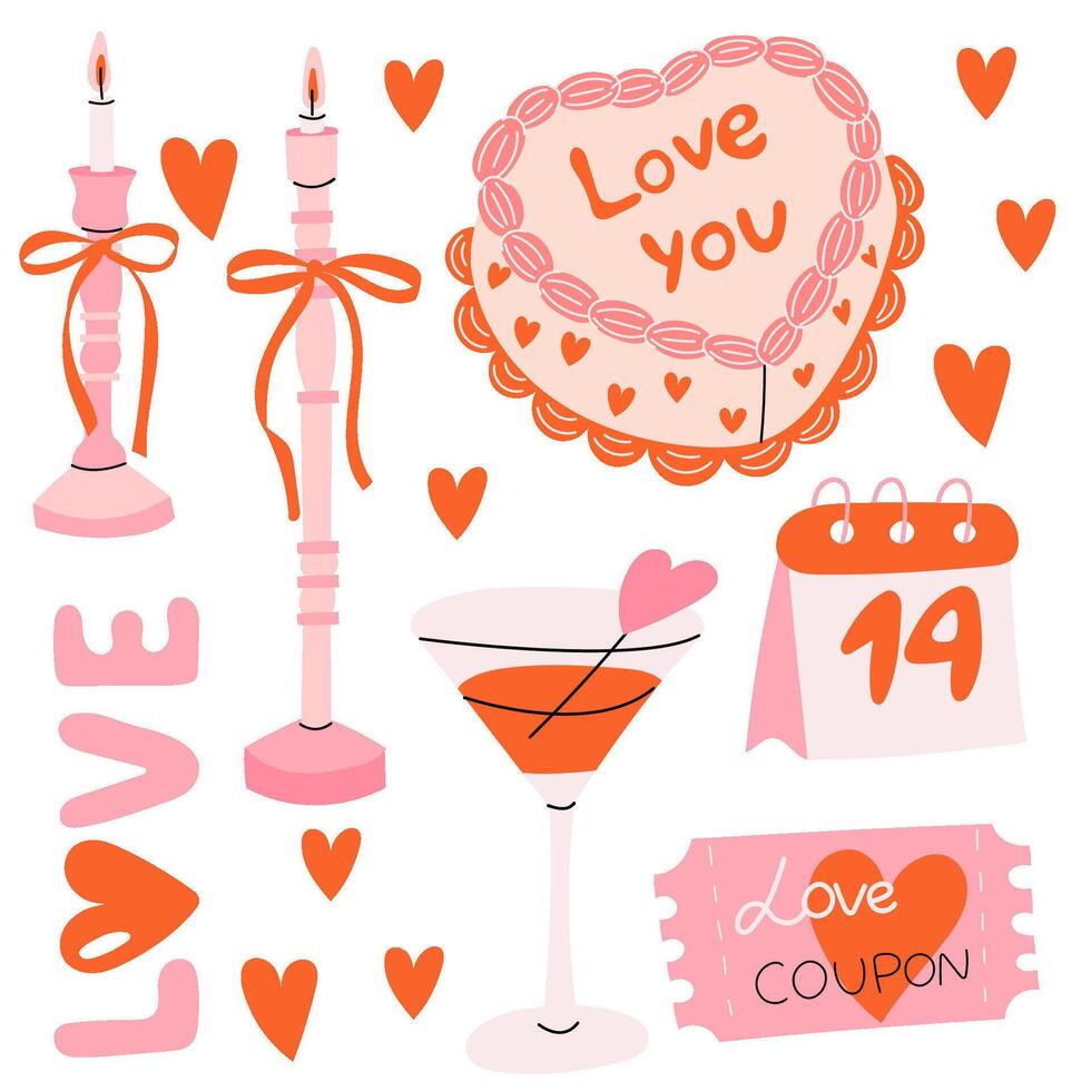 Sticker set for St. Valentines Day. Cartoon illustration of different romantic objects bow, candles,heart, cake, 14 February design concept. vector