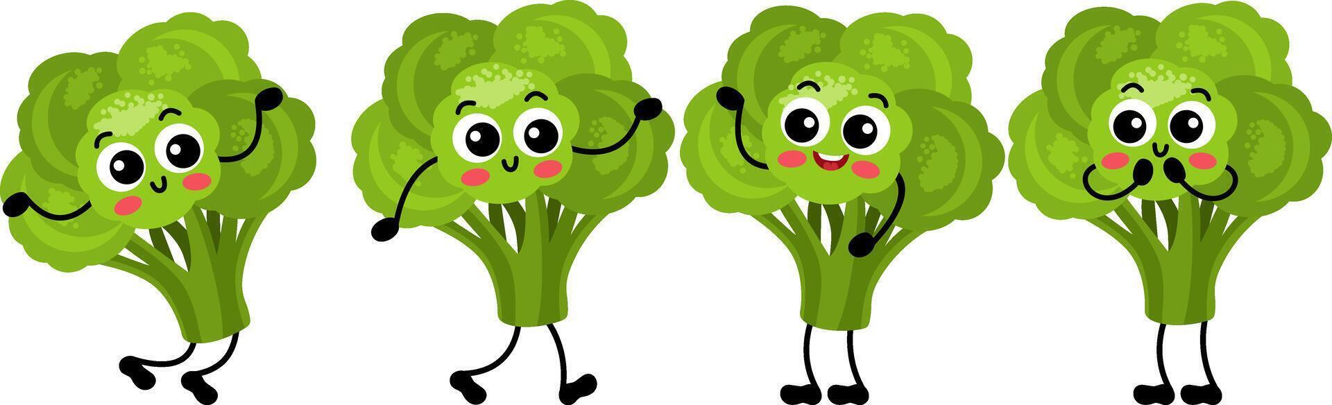 Set of funny green broccoli in different positions vector