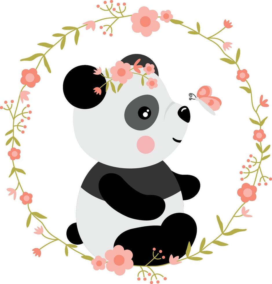 Panda with Flowers and Butterfly in a Circular Floral Frame vector