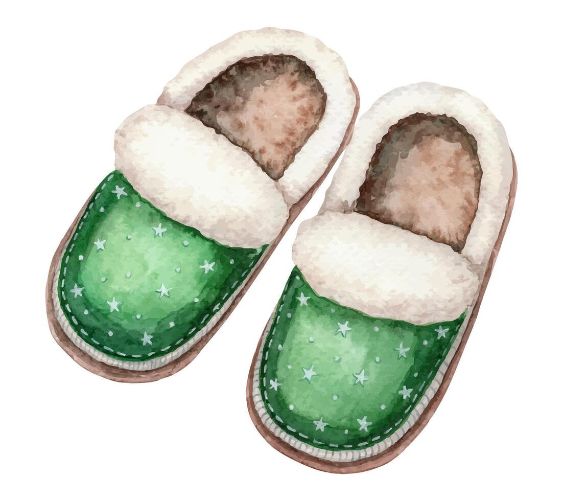 Green furry slippers cute baby illustration in cartoon style. Hand drawn watercolor comfort footwear. Perfect for the use for pajama party template and childlike cozy design. vector