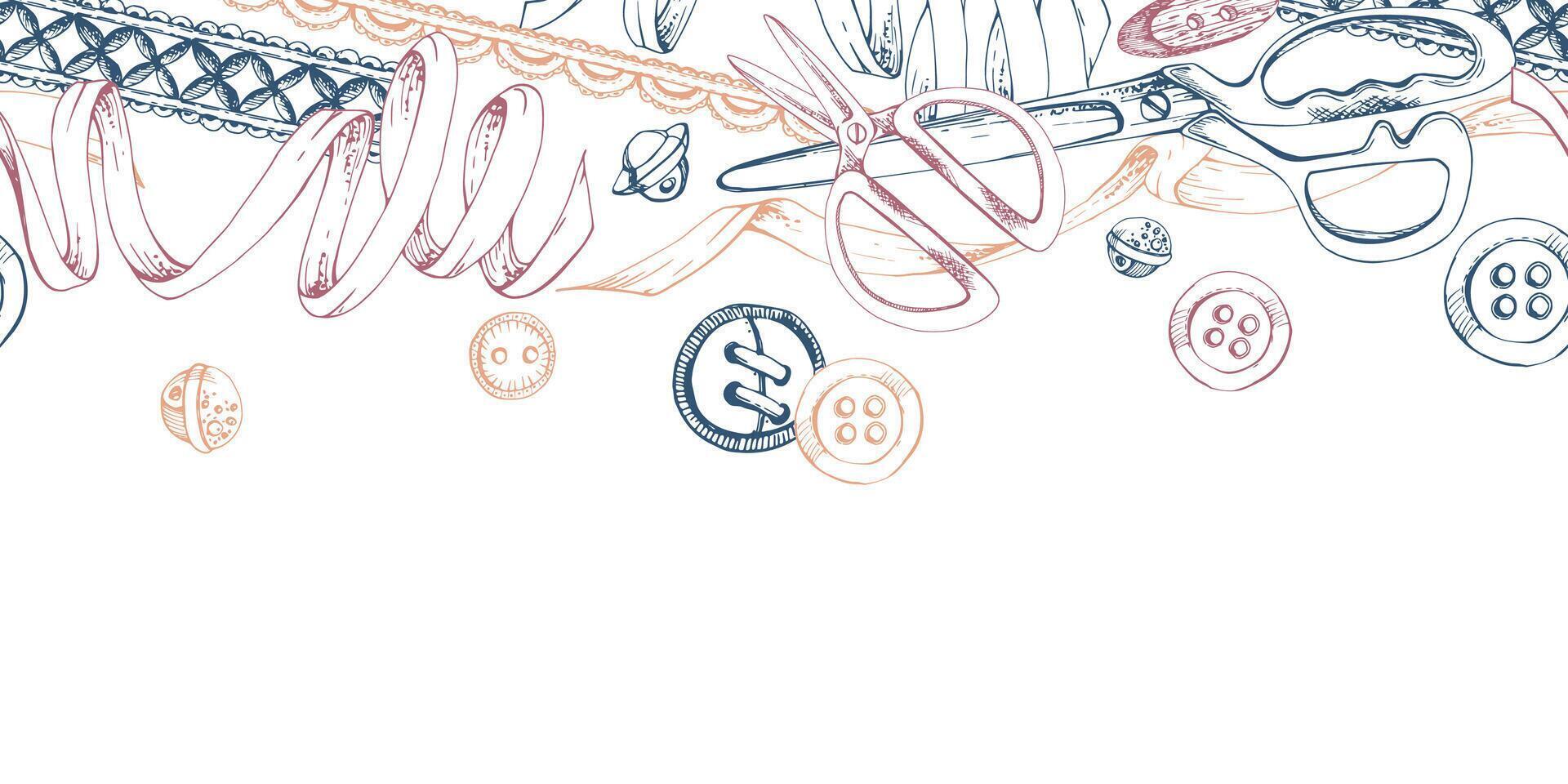 Sewing craft supplies. Fabric scissors snaps, wooden buttons ribbon lace, red indigo beige. Hand drawn ink illustration. Seamless banner isolated on white. Design atelier, tailor, hobby shop vector