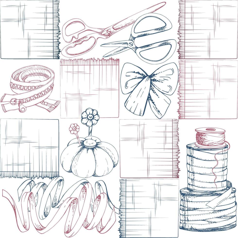 Fabric scissors pin cushion, ribbon bobbins bow, zipper, indigo red. Hand drawn ink illustration sewing craft supplies. Seamless pattern isolated white background. Atelier, tailor, hobby shop vector