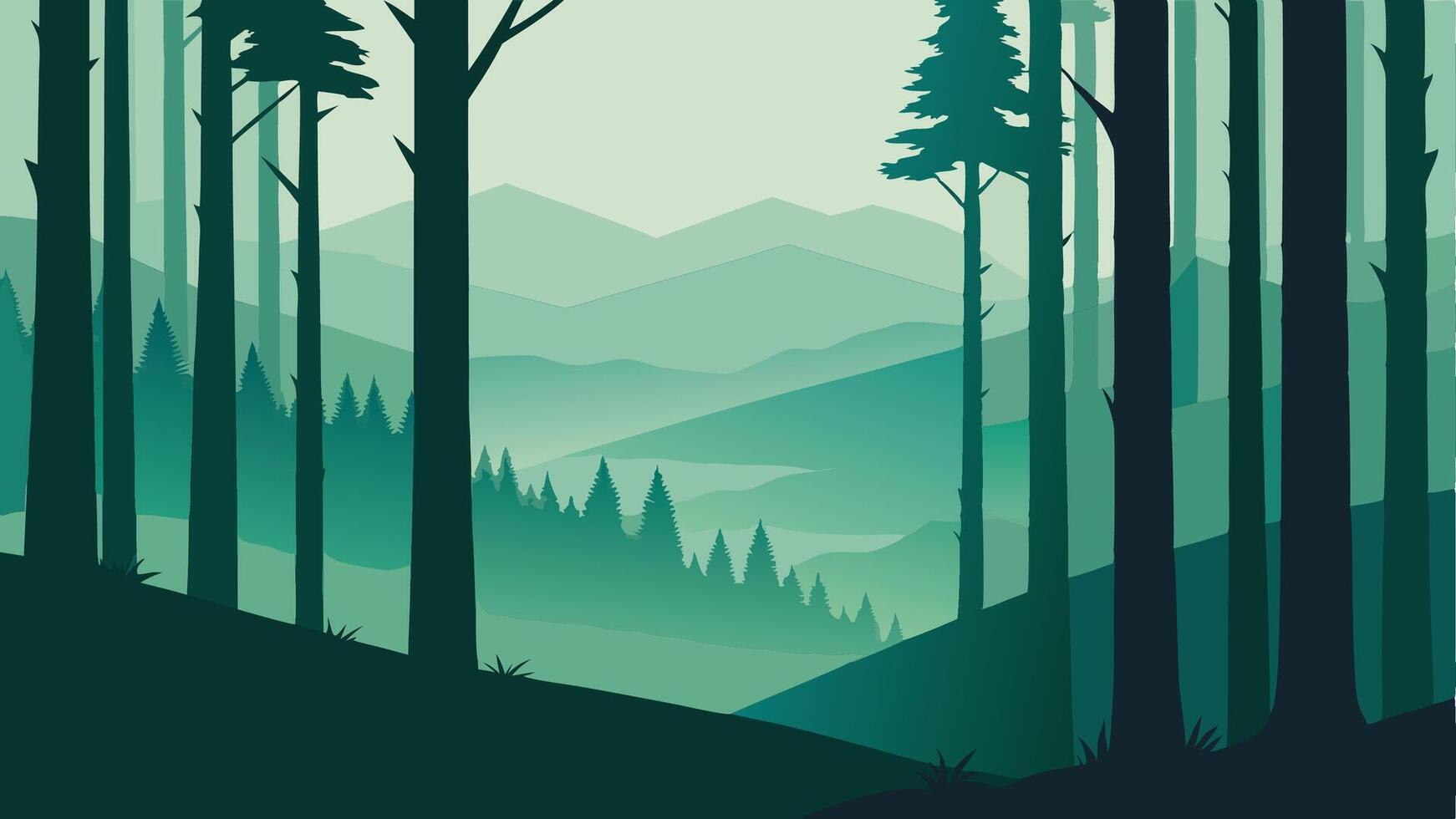 Desaturated Forest Scene Trees in Woodland Illustration vector