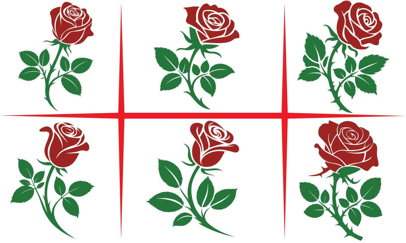 Red Rose with Green Leaves Illustration Set vector