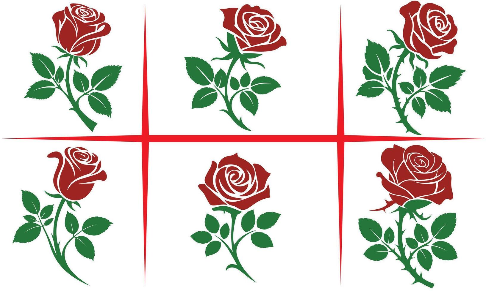 Red Rose with Green Leaves Illustration Set Design vector