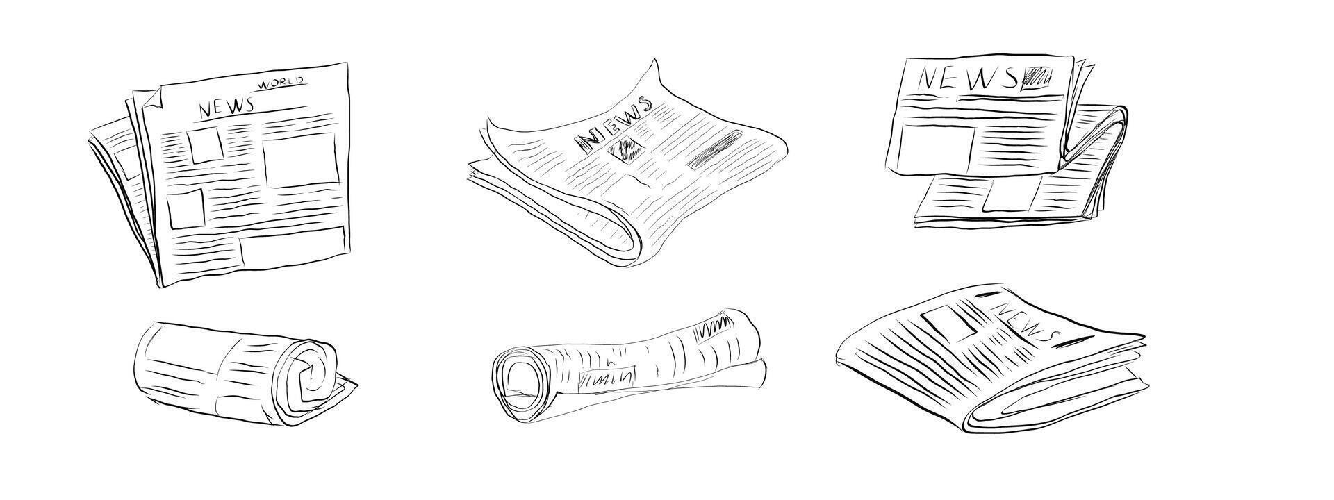 Fresh newspaper hand drawn doodle, latest news, contour drawing, latest publishing. Sketchy news paper stack, local or world news. vector