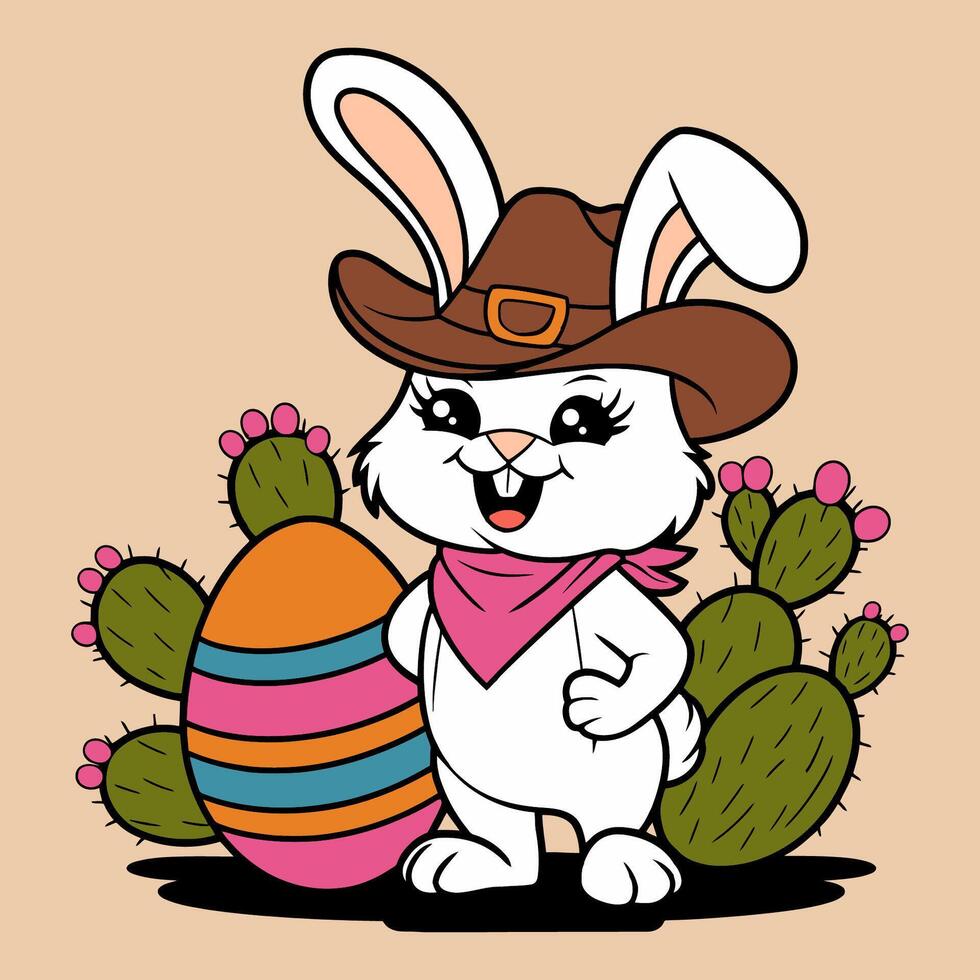 Cowboy Bunny with Easter Egg and Cactus Illustration vector