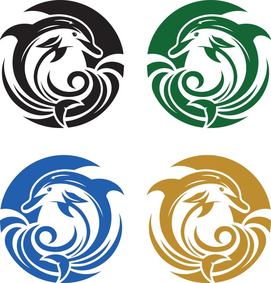 Four Dolphin Logo Variations in Black, Green, Blue, and Gold vector