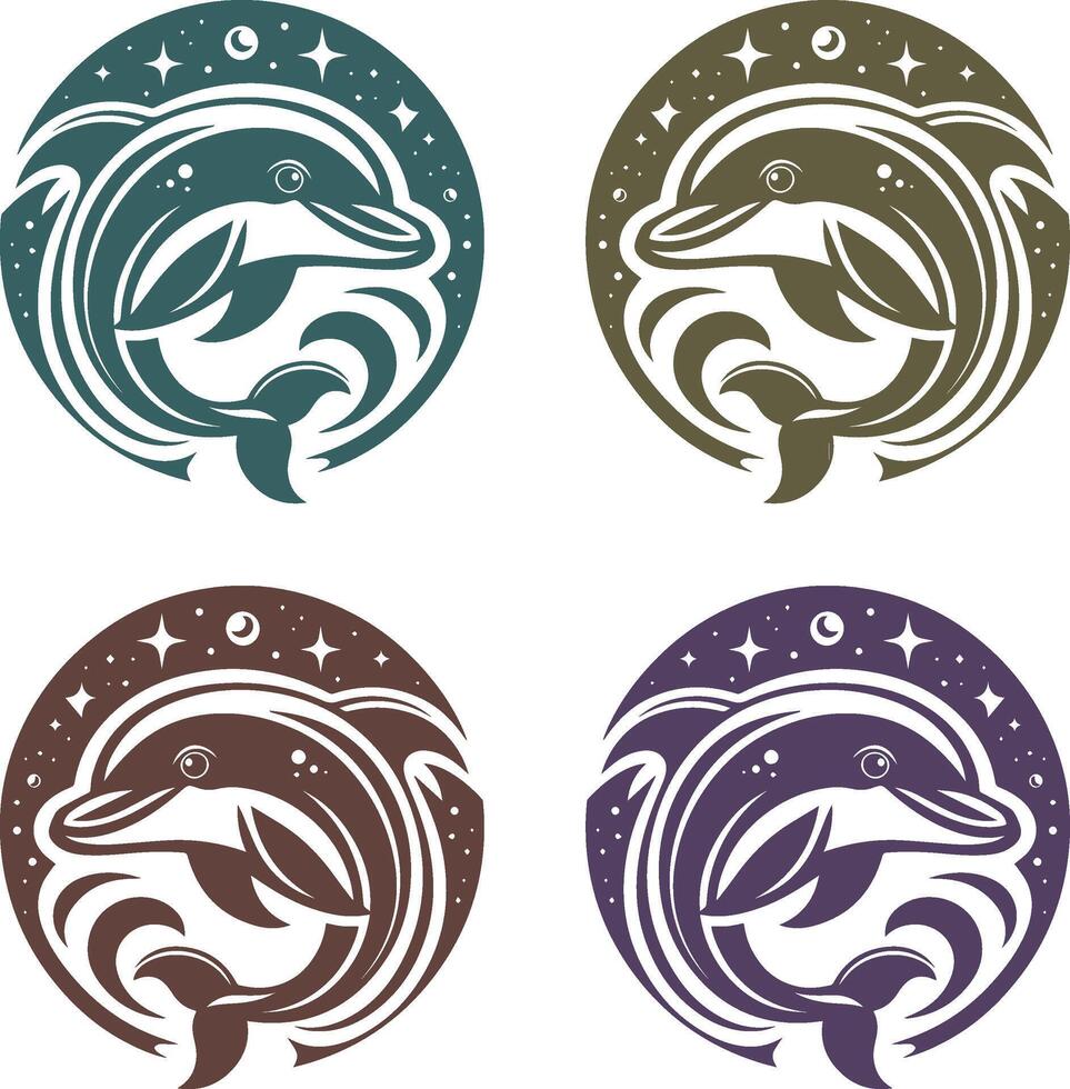 Dolphin Logos in Green, Brown, Dark Brown, and Purple with Stars and Bubbles vector