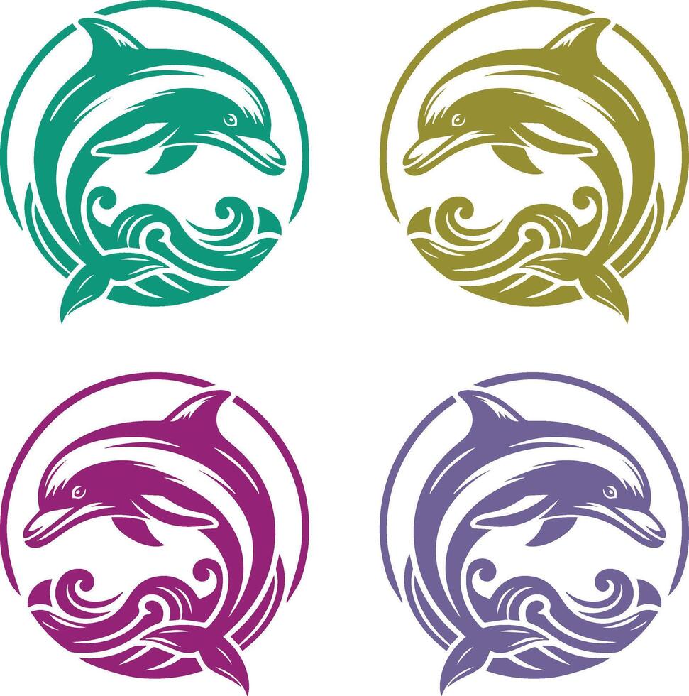 Dolphin Logos in Green, Yellow, Purple, and Blue with Tribal Wave Designs vector