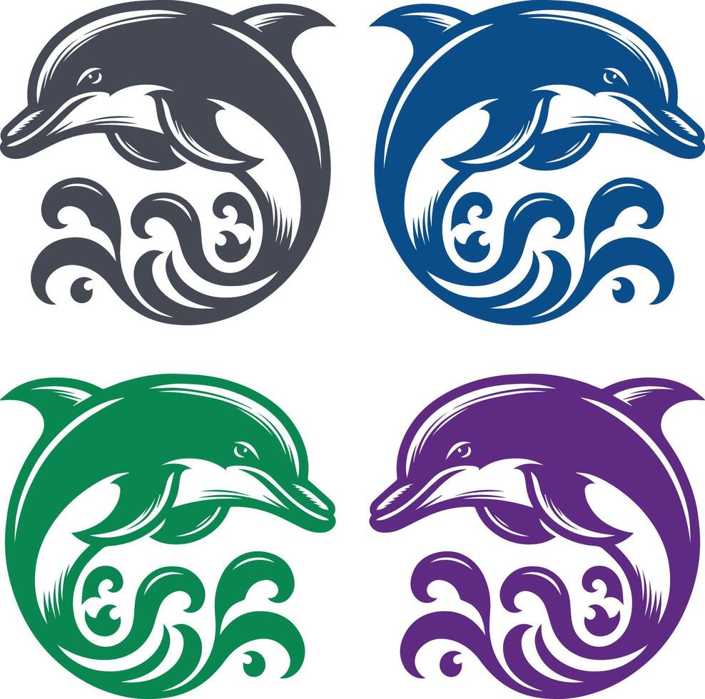 Retro Stylized Dolphin Leaping from Waves Representing Energy and Ocean Life vector