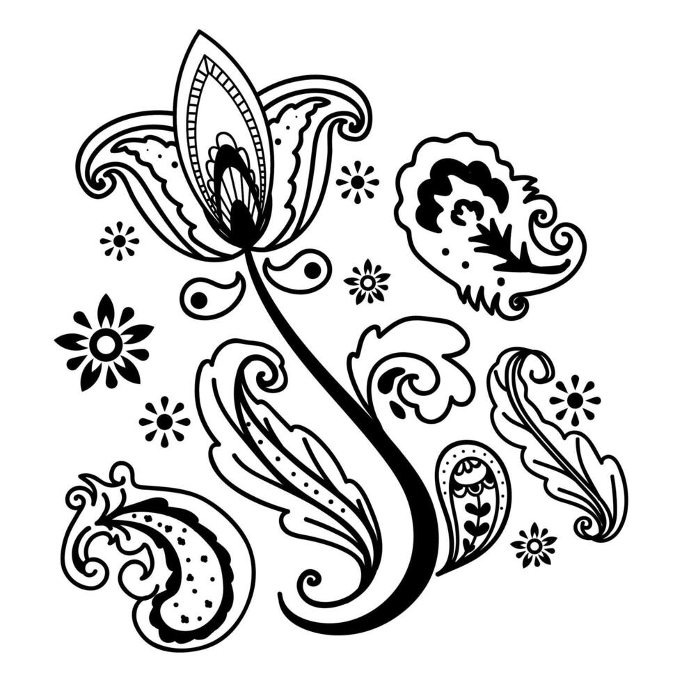 Hand drawn decorative floral ornament on black colour vector