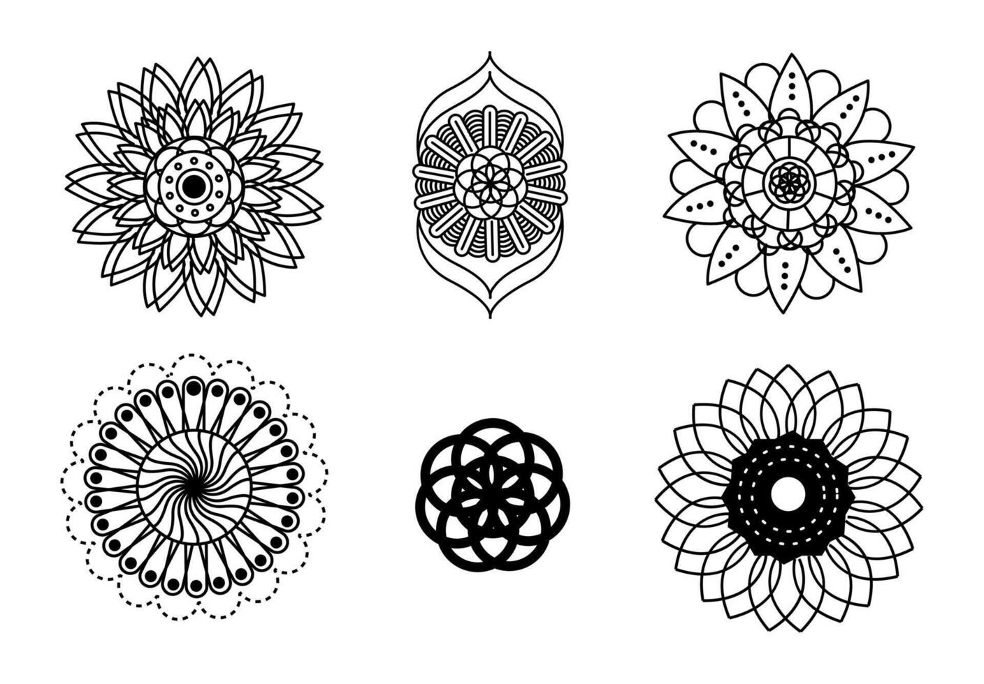 Set collection of hand drawn mandalas art on black colour vector