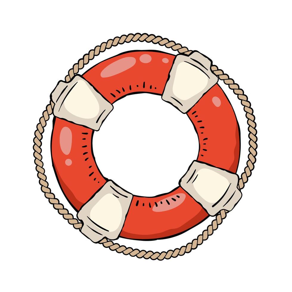 Orange lifebuoy with white stripes and a rope, illustration isolated on white vector
