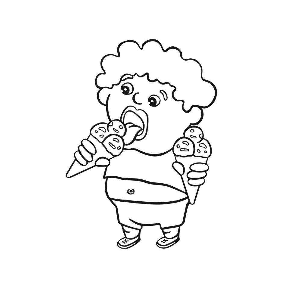 Child licking two ice cream cones happily. vector