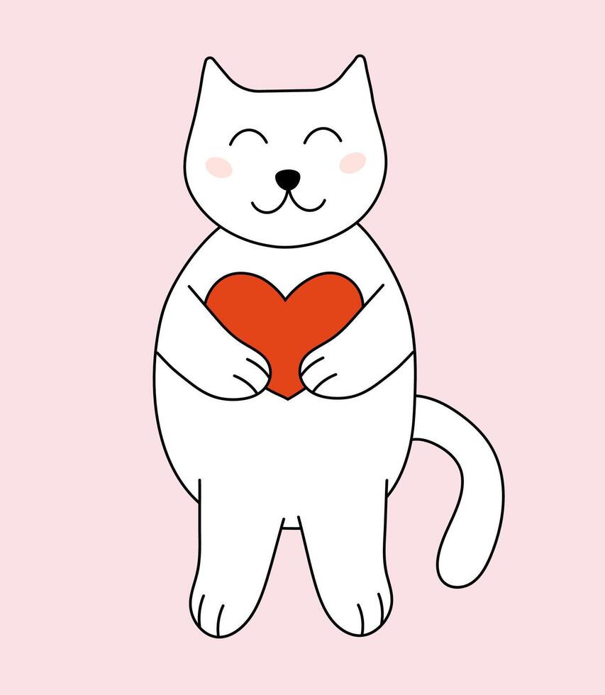 Valentine day Cat with heart in paws. flat illustration. vector
