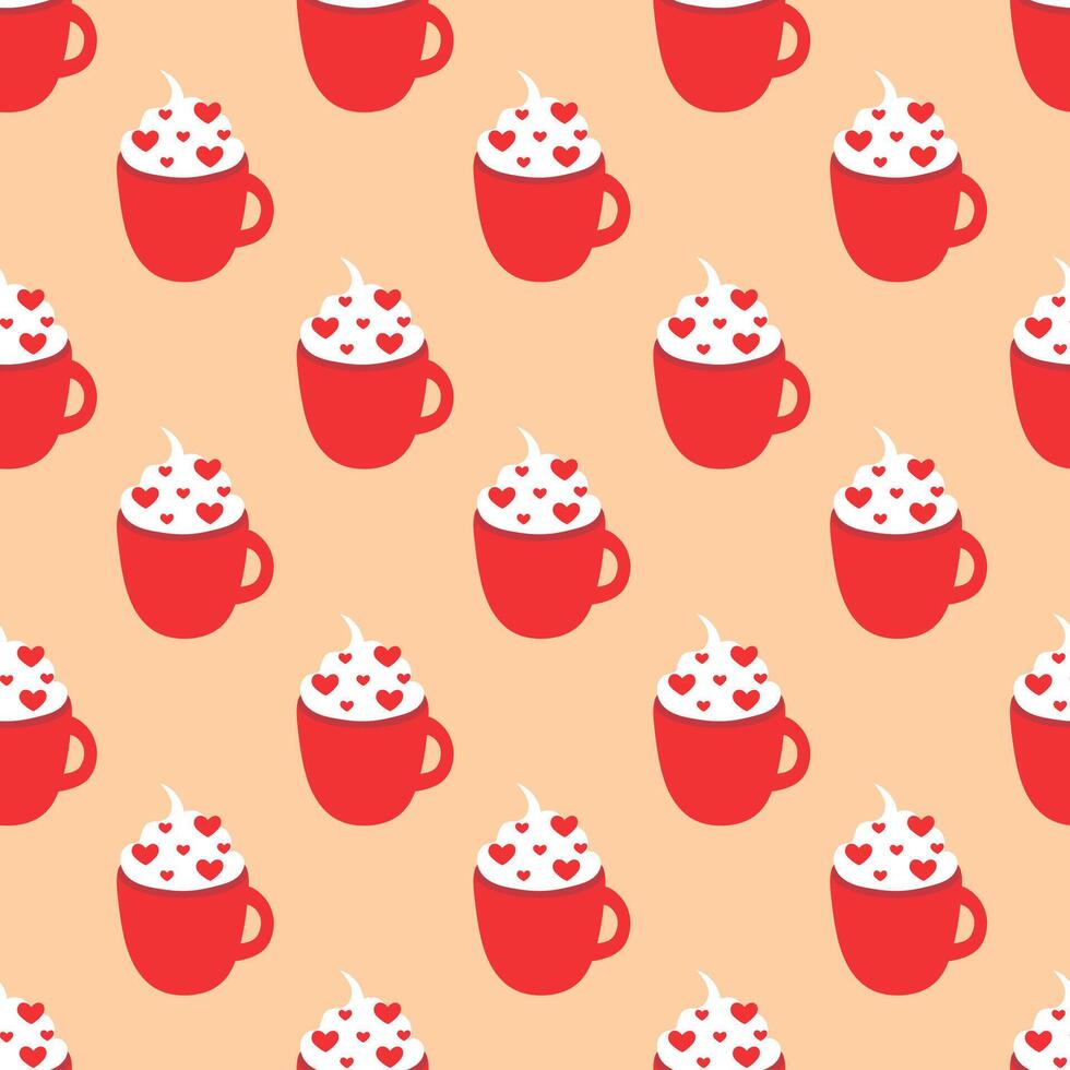 Seamless Pattern. Red Valentine Day cup with whipped cream and hearts sprinkles. flat illustration. vector
