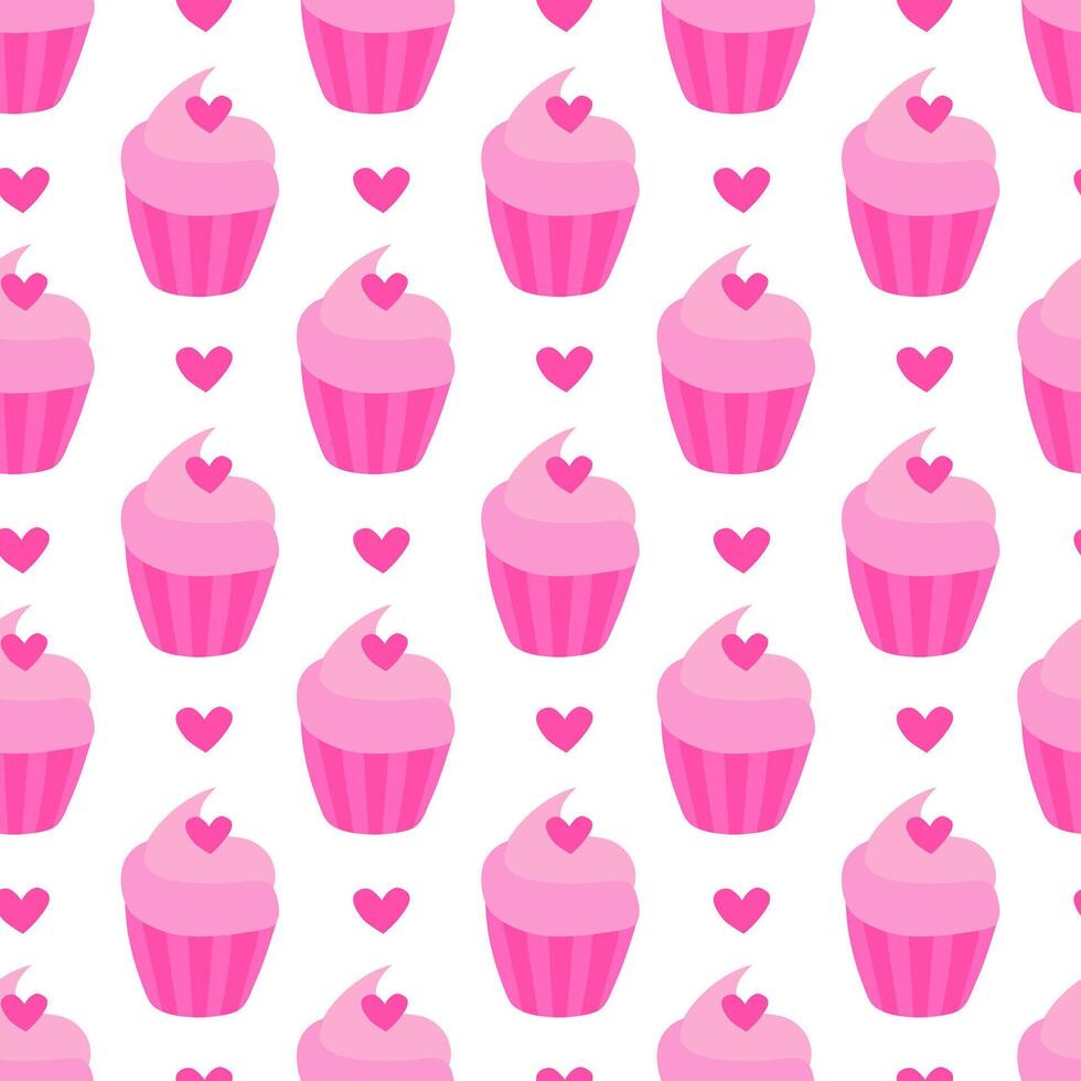 Seamless pattern with Pink Valentine Day Cupcake with hearts. flat. vector