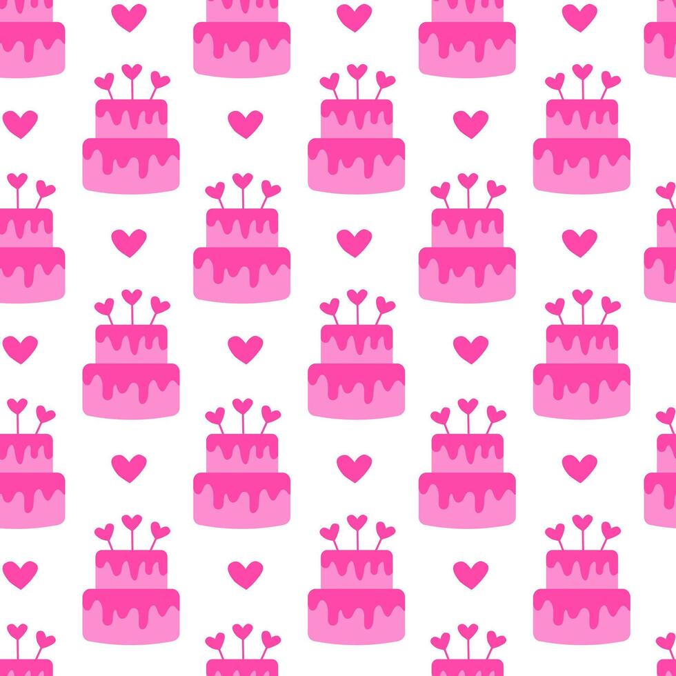 Seamless pattern with Pink Valentine Day Cake and heart. flat illustration. vector