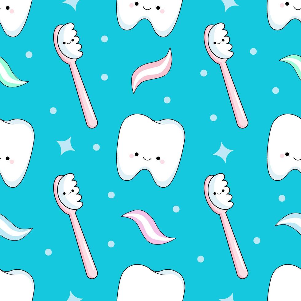 A kawaii tooth and a toothbrush. Seamless baby pattern. Background for pediatric dentistry vector