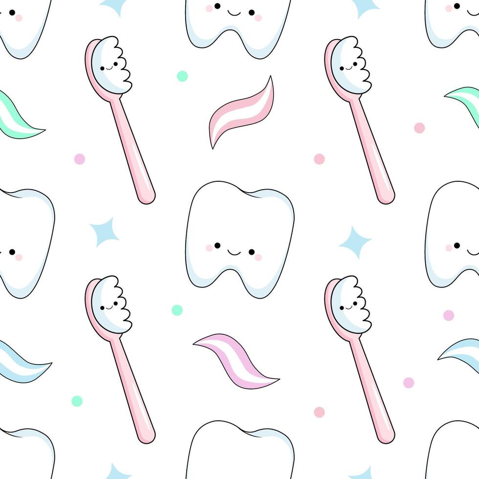 Charming seamless pattern with kawaii tooth and toothbrush, toothpaste. vector