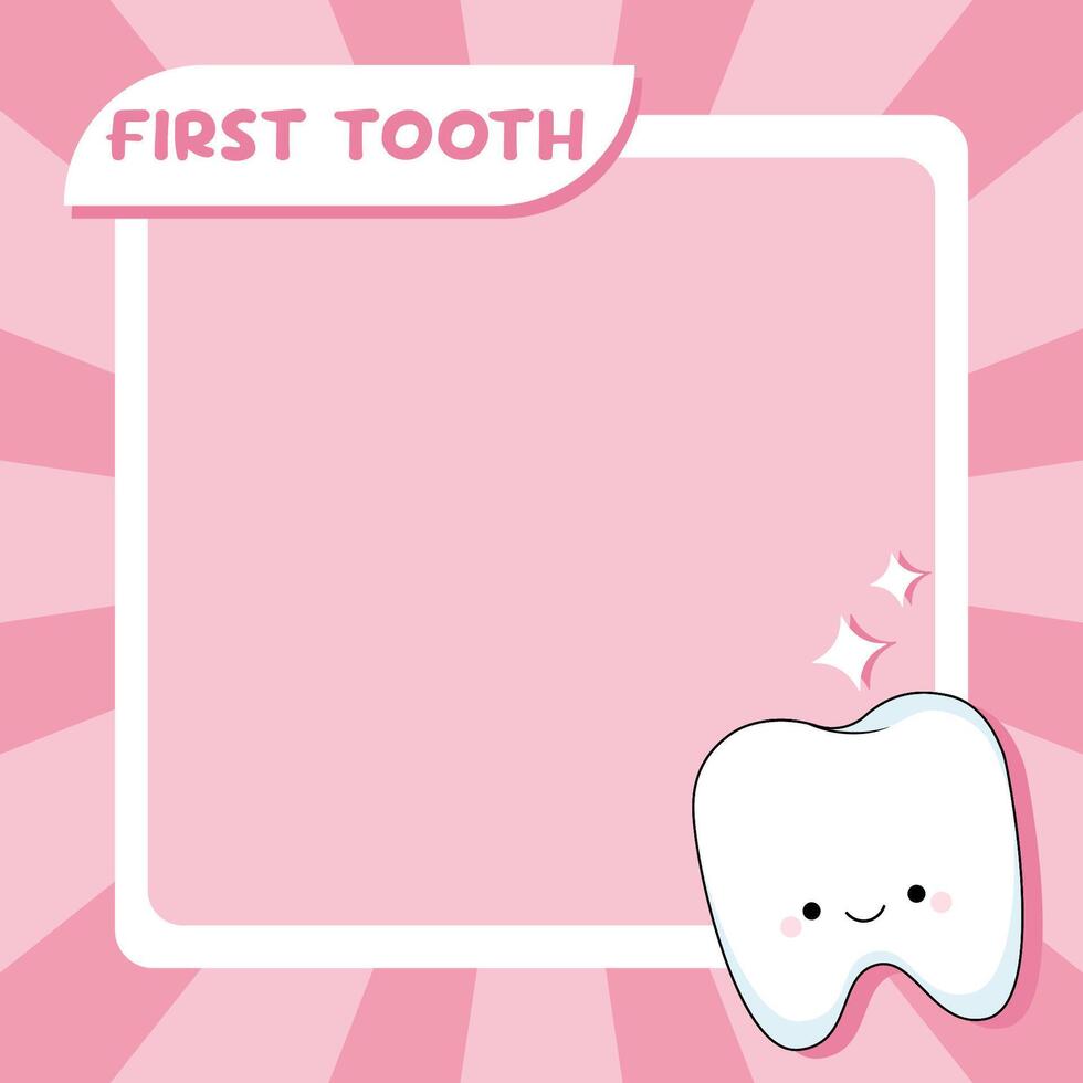 A photo frame for a girl and a photo of the first tooth. Cute kawaii character and text. Template for photos, social networks, and photo albums vector