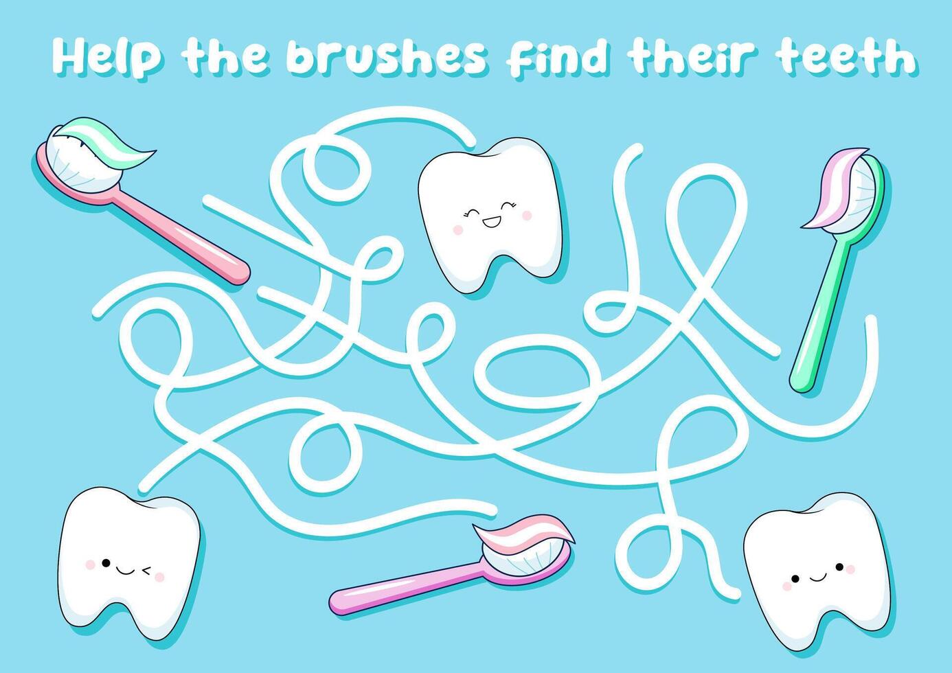 Maze game for kids. Help the brushes find their teeth. Educational and educational game for toddlers and preschoolers. vector