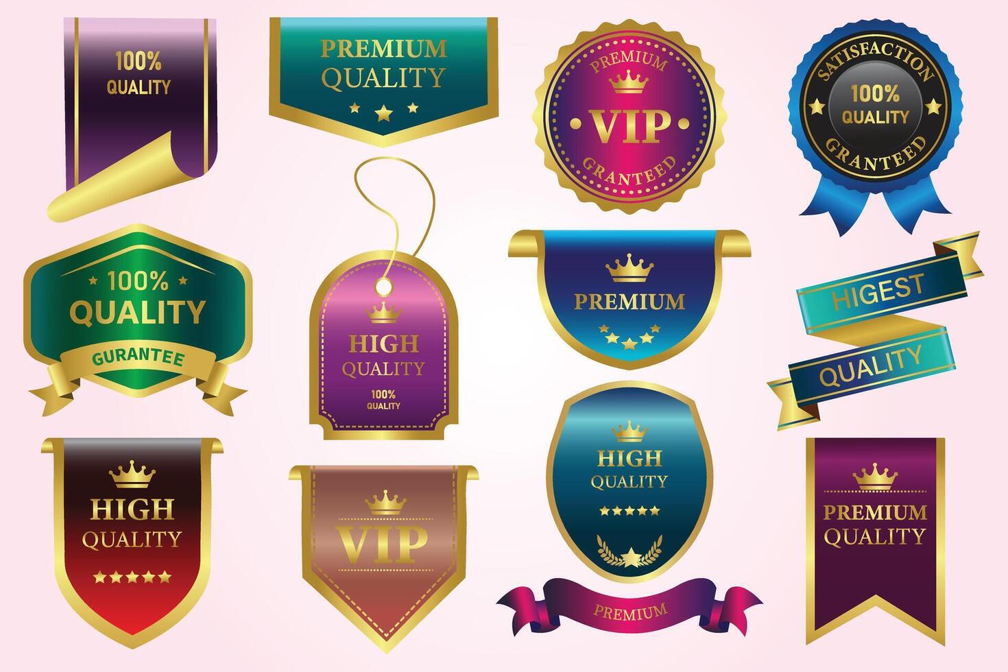 Golden luxury labels and badges gold premium quality certificate ribbons illustration vector