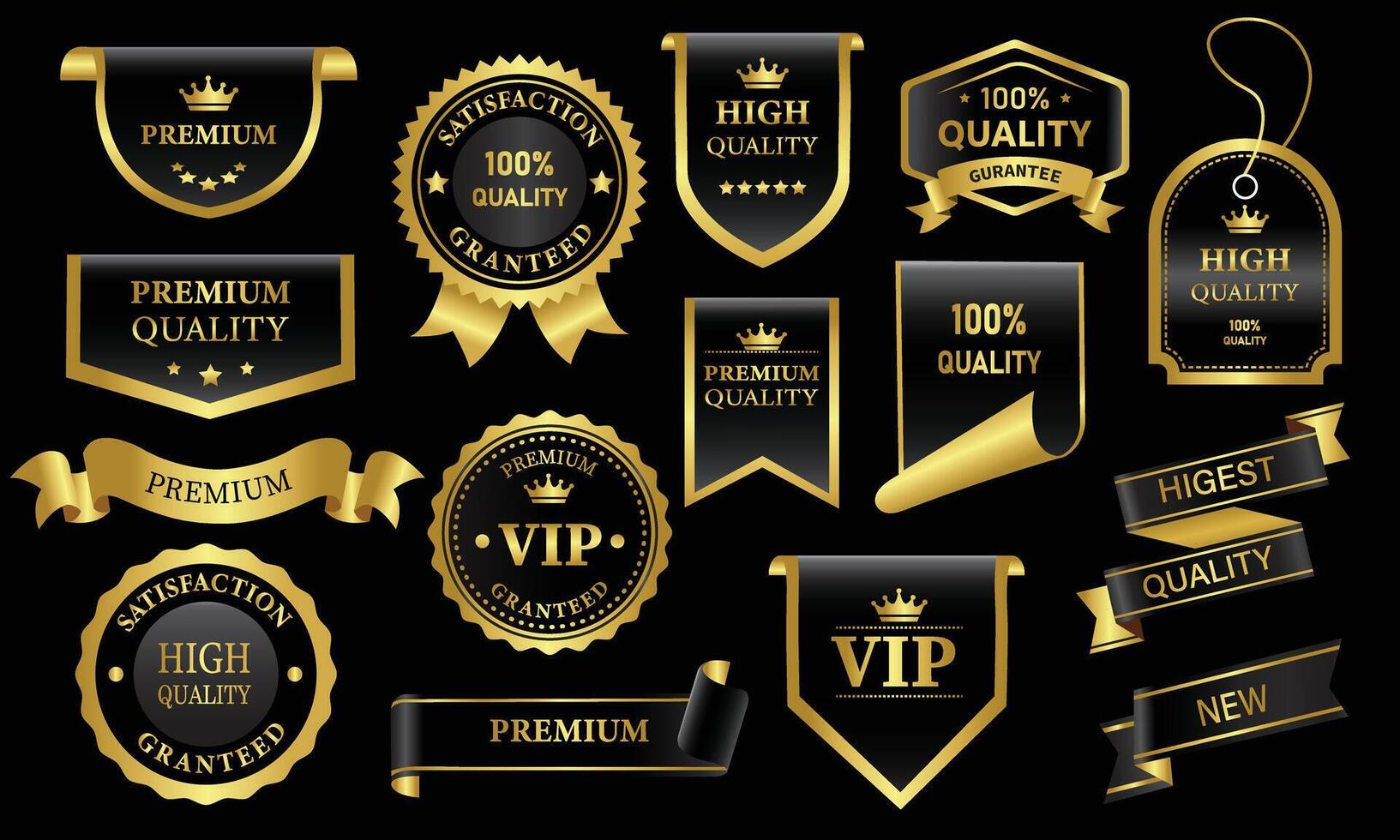 Dark Black and golden luxury labels and badges gold premium quality certificate ribbons vector