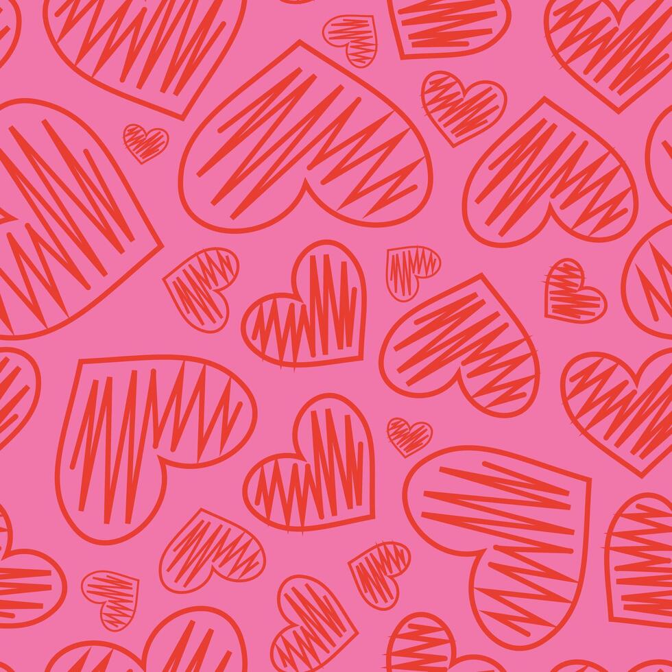 PrintPink pattern with red doodle hearts vector