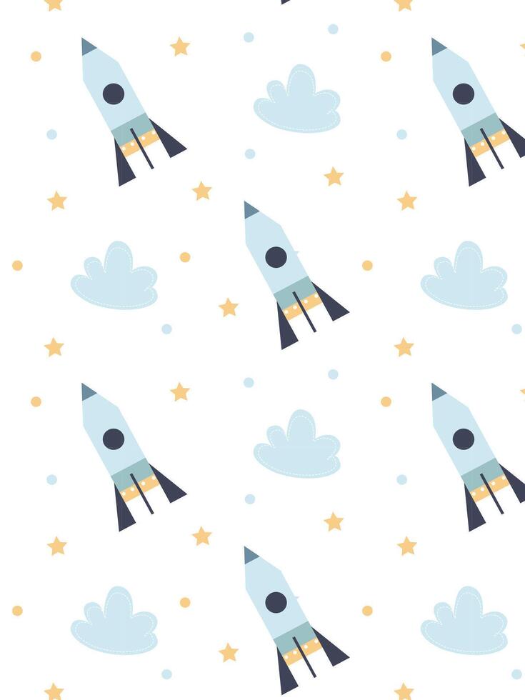 a pattern with a rocket, clouds and stars for kids on a white background vector