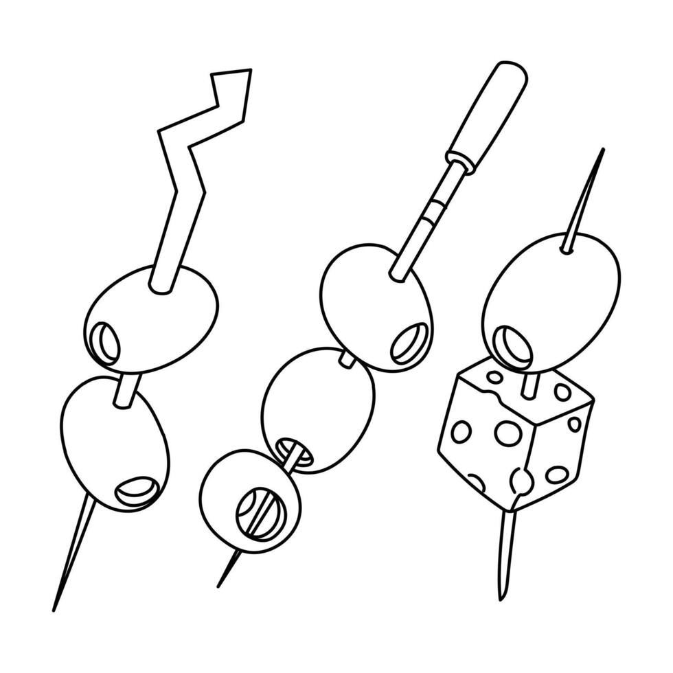 skewer with pitted olives. set of various sticks with strung berries. Olives, strung on a skewer, appetizer. Two, three olives, cheese. A hand-drawn outline. Contour illustration on a white background vector