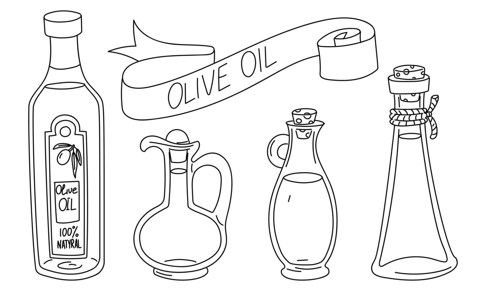 set of glass bottles, a jug of olive oil and a ribbon with an inscription. A variety of bottles of homemade olive oil and a store-bought one. Sketch-style illustration scheme, coloring book vector
