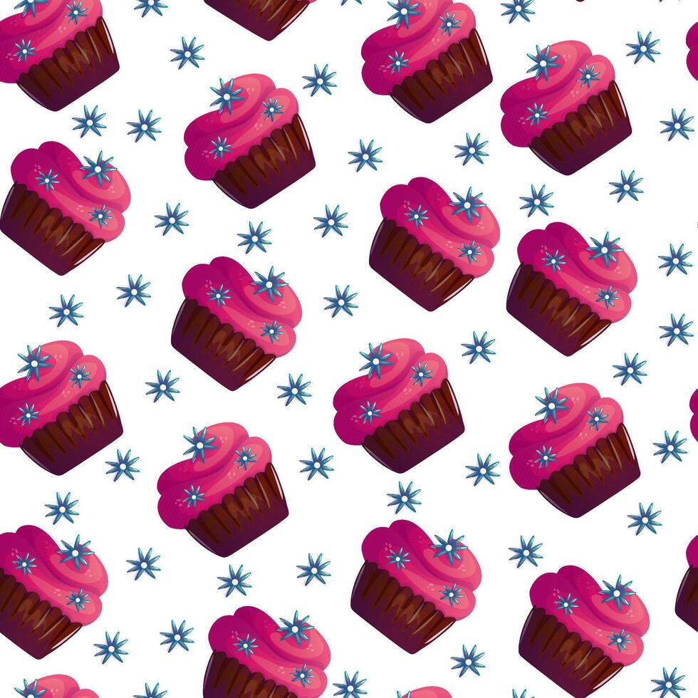 A seamless pattern of Bubblegum Pink cupcakes with creamy pink frosting, radiating sweetness and joy. Perfect for cheerful designs, dessert themes, and fun, happy projects. vector