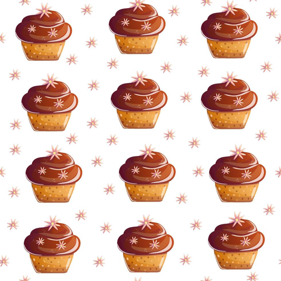 A seamless pattern featuring Vanilla cupcakes topped with rich chocolate frosting. Perfect for dessert-themed designs, bakery packaging, and sweet, cozy projects. vector