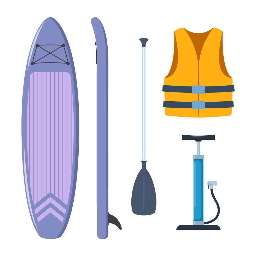 Stand Up Paddle Accessories. Basic set for SUP. Inflatable board, paddle, life jacket, pump. illustration. vector