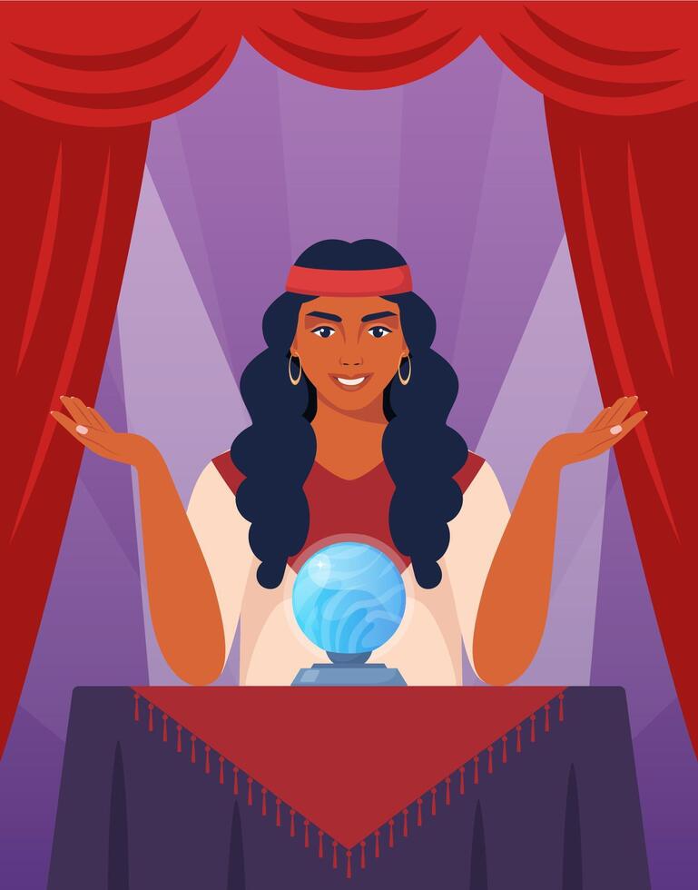 Gypsy female character fortune teller character predicts fate at table with magic sphere. Witchcraft of woman over crystal ball. illustration. vector