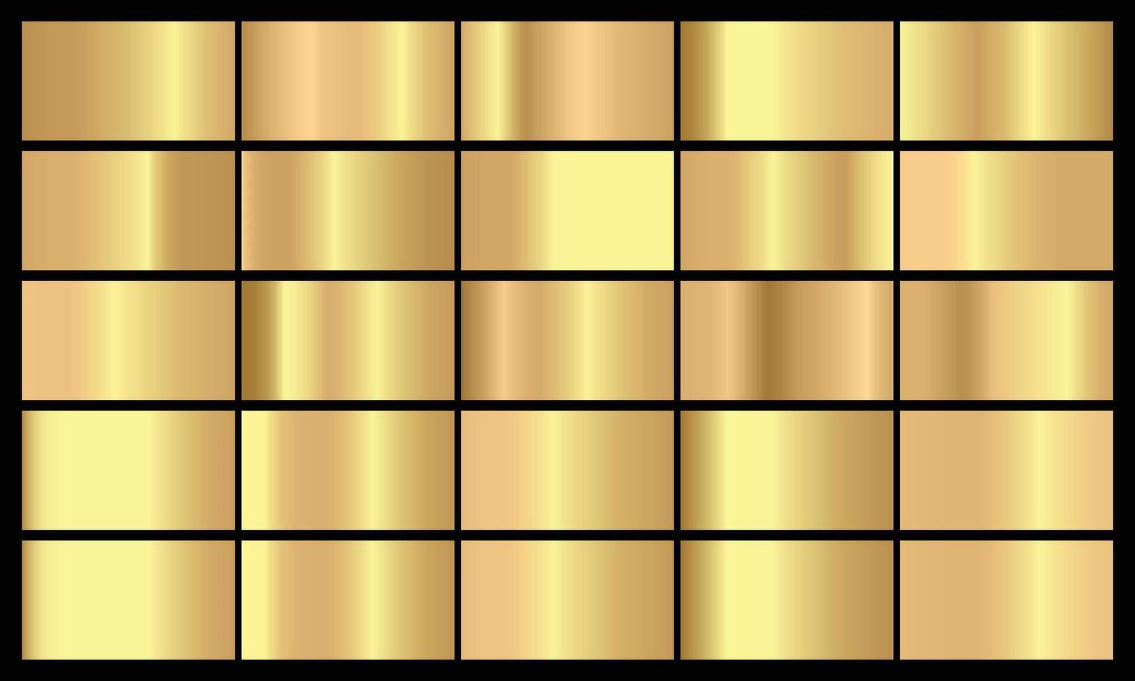 Realistic gold gradient texture pack. Shiny golden metal foil gradient set vector