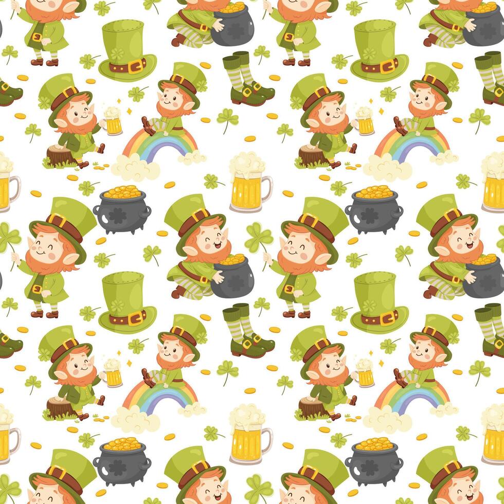 Seamless St. Patricks pattern. Cute leprechauns. For background, wrapping paper, fabric vector