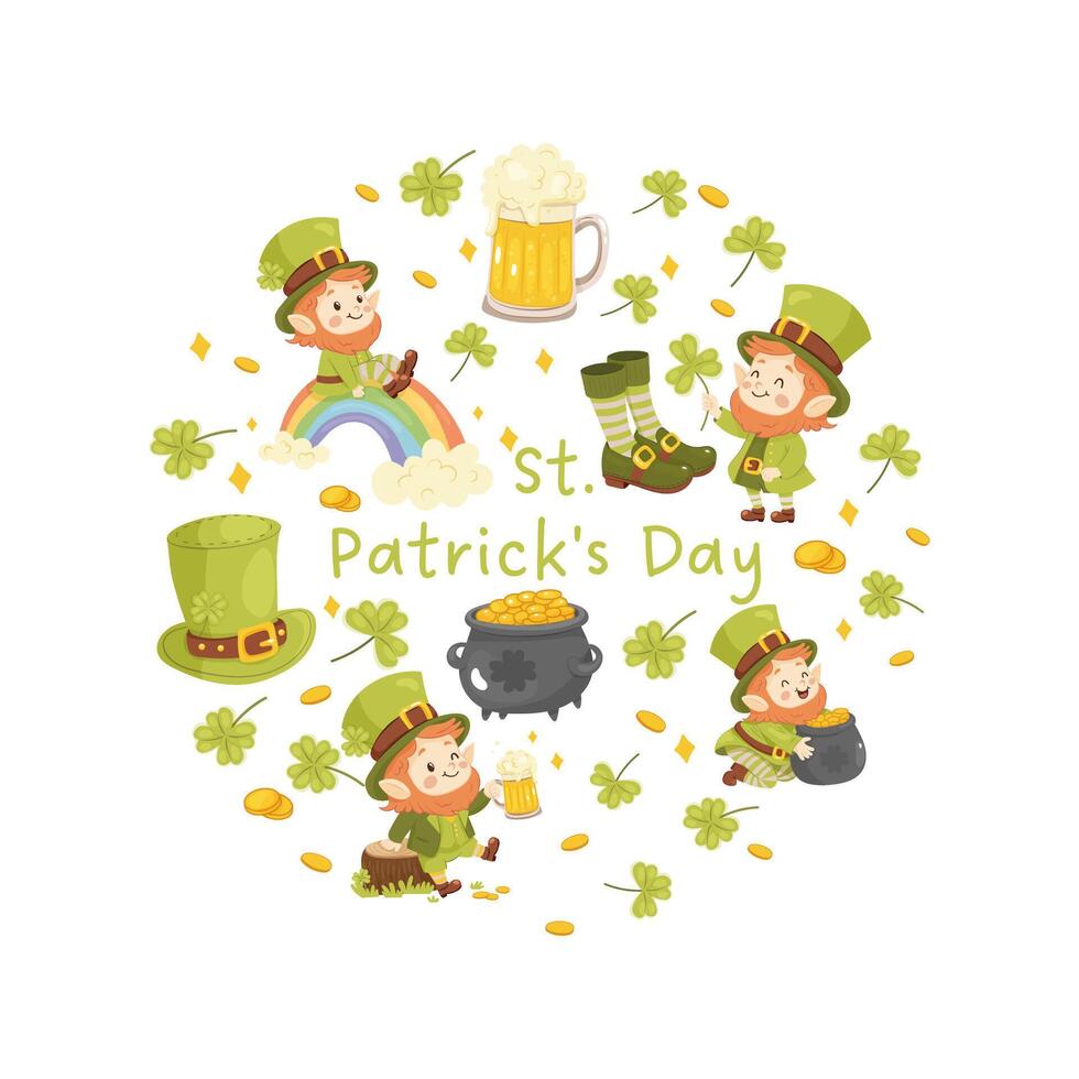 Clip art, images in a circle,st. patricks day. Beer, hat, shoes and striped gaiters, cartoon leprechaun. vector