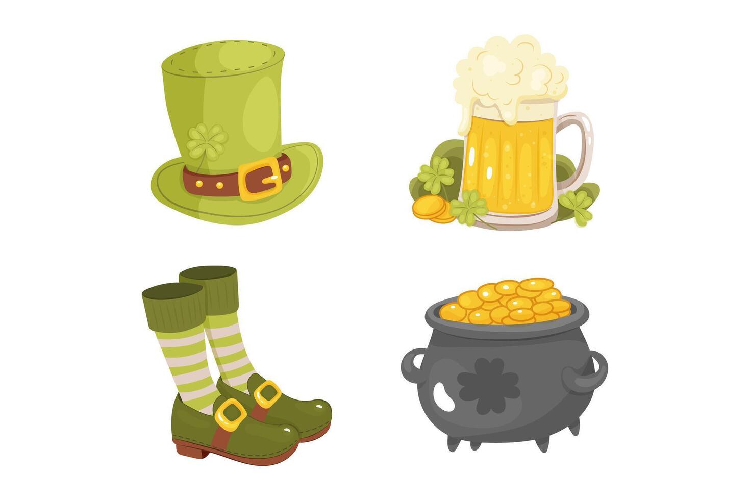 St. patrick's day, clip art, set , hat, beer and clover, shoes with gaiters and pot of gold vector