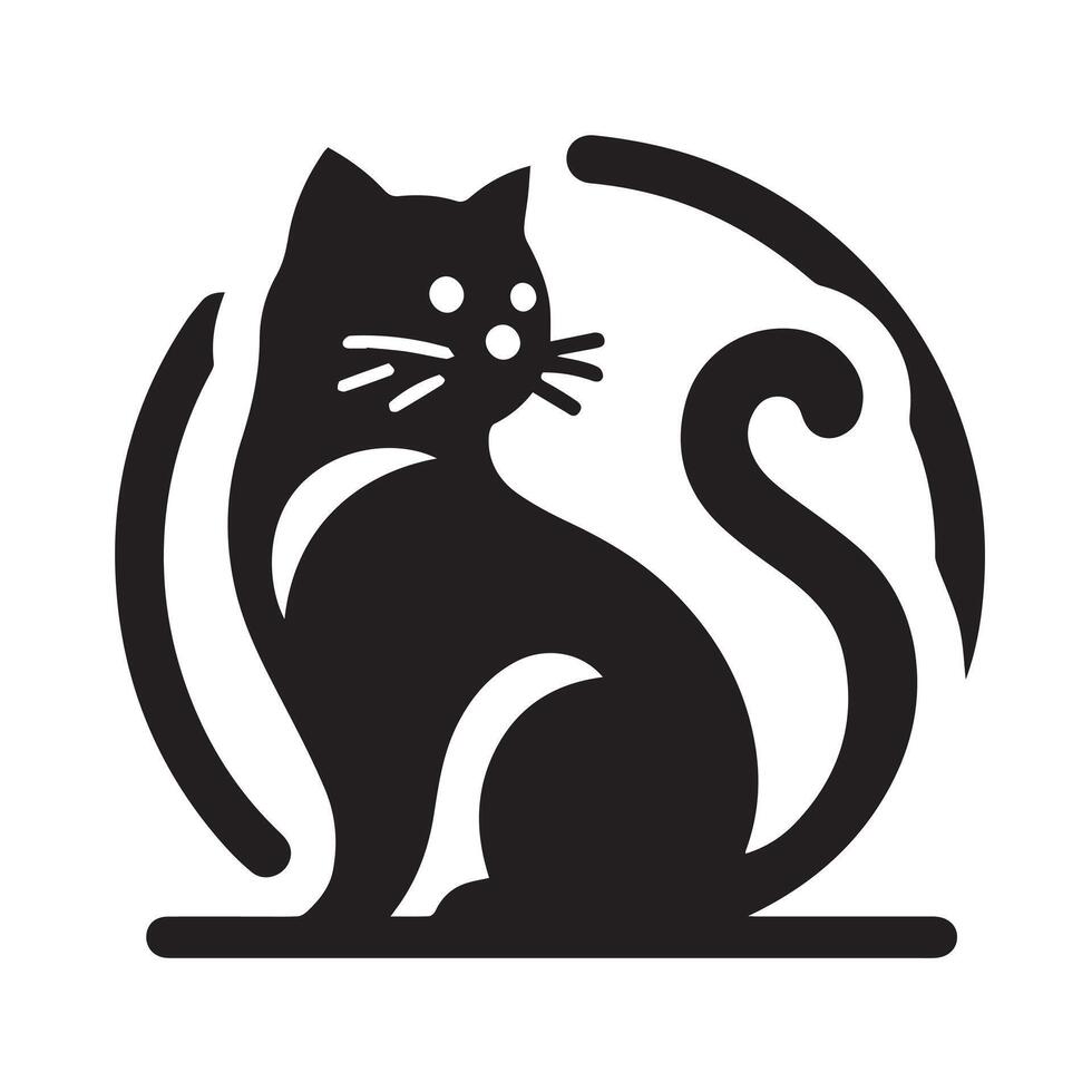 A stylized, black and white silhouette of a cat's face positioned within a circular frame. vector