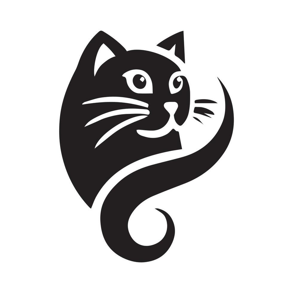 black and white, close-up graphic of a cat's head. vector