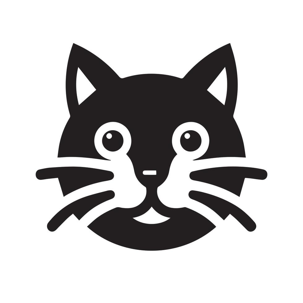 A stylized, black and white, close-up graphic of a cat's head. vector