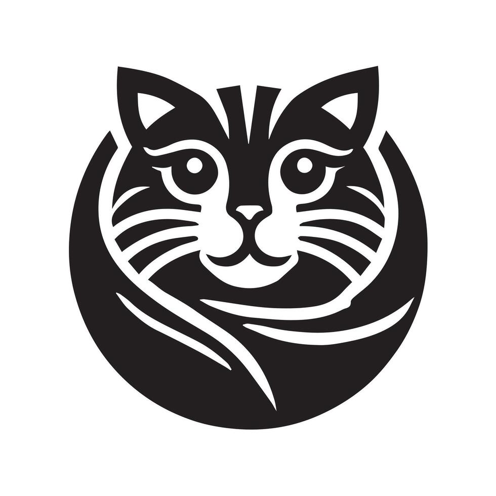 A simple, elegant black and white silhouette of a cat positioned within a circle. vector