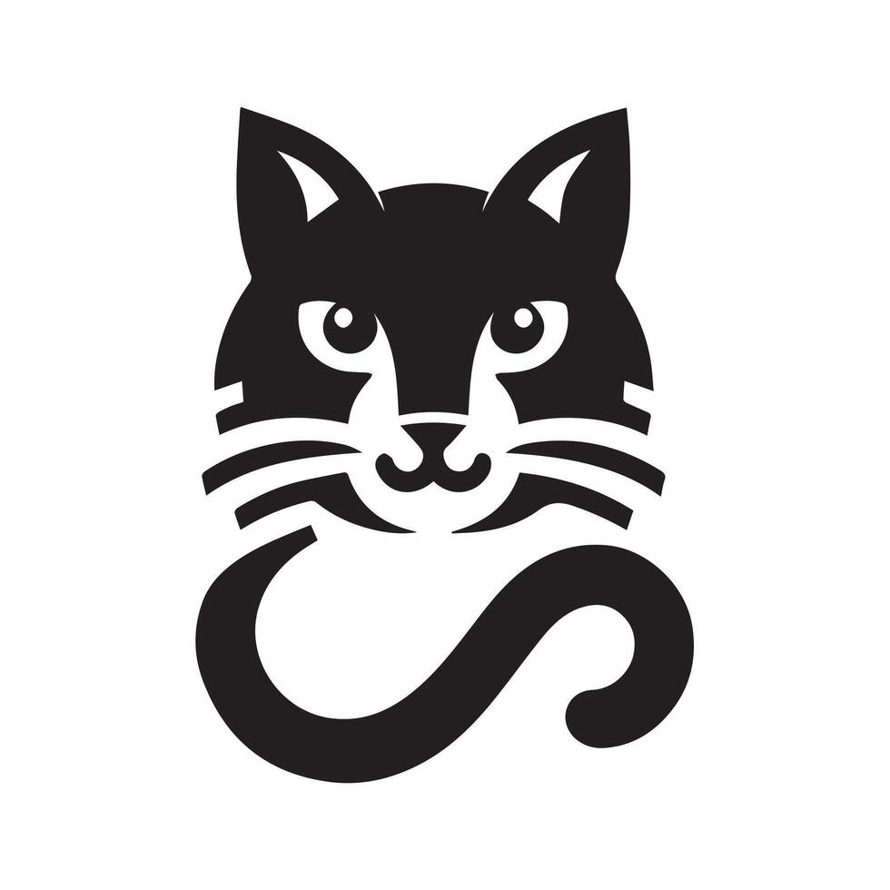 black and white illustration features a cartoon cat face. vector